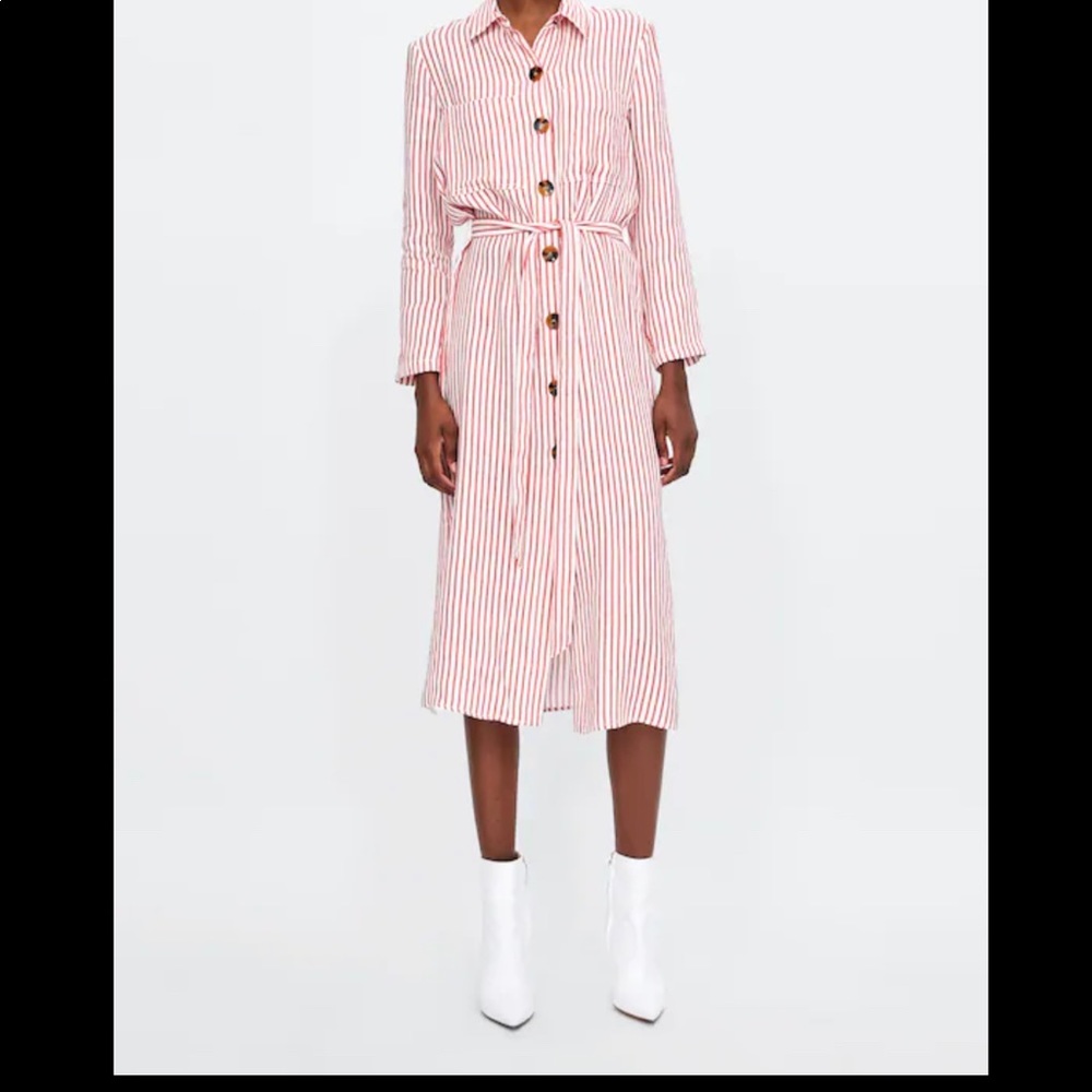 Zara | Red White Stripe Linen Tunic Belted Dress S - Picture 4 of 10